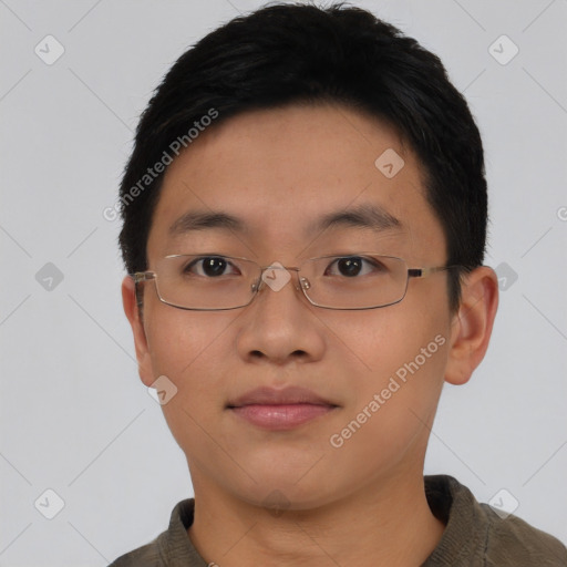 Neutral asian young-adult male with short  brown hair and brown eyes