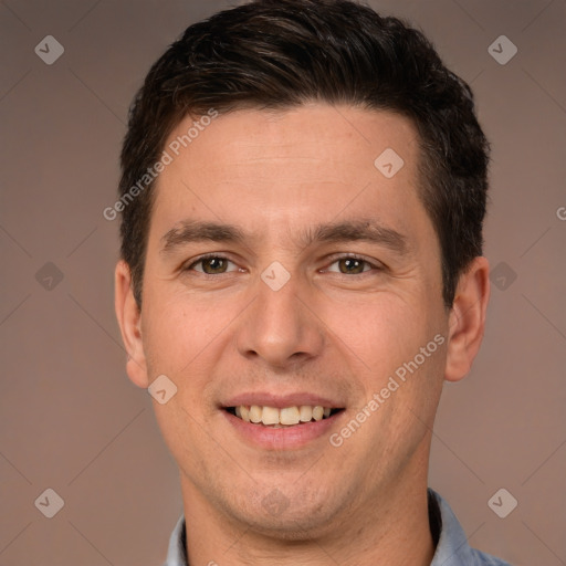 Joyful white young-adult male with short  brown hair and brown eyes