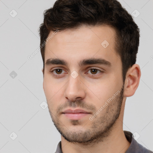 Neutral white young-adult male with short  brown hair and brown eyes