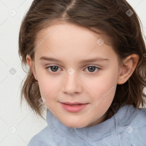 Joyful white child female with medium  brown hair and brown eyes