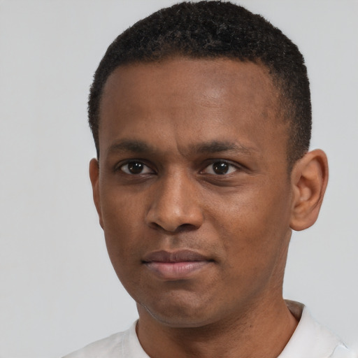 Neutral black young-adult male with short  black hair and brown eyes