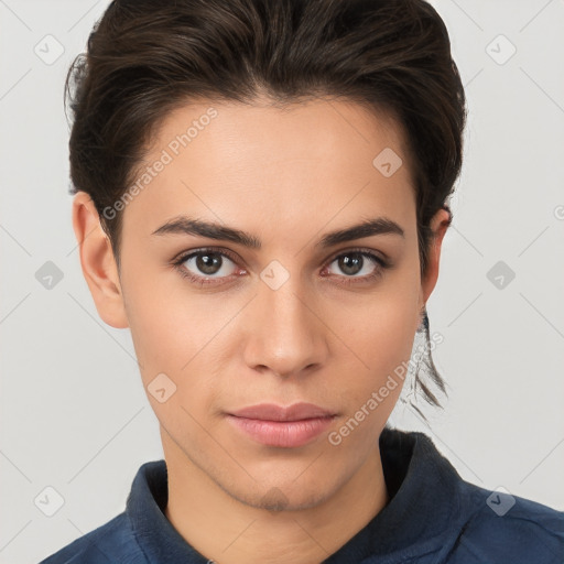 Neutral white young-adult female with short  brown hair and brown eyes