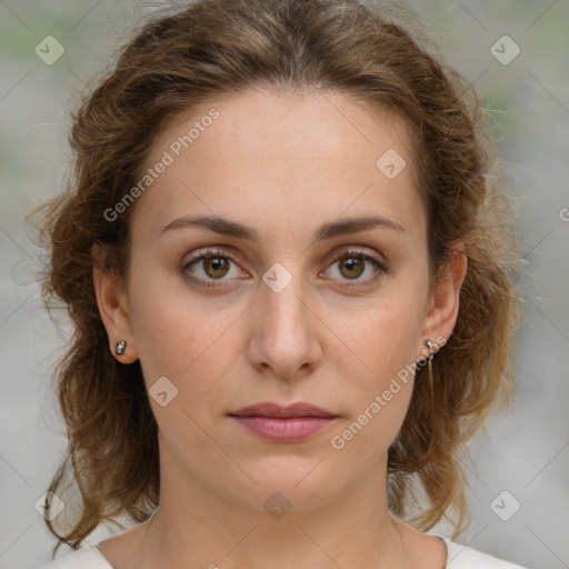 Joyful white young-adult female with medium  brown hair and green eyes