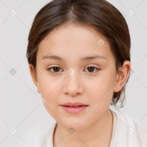 Joyful white child female with medium  brown hair and brown eyes