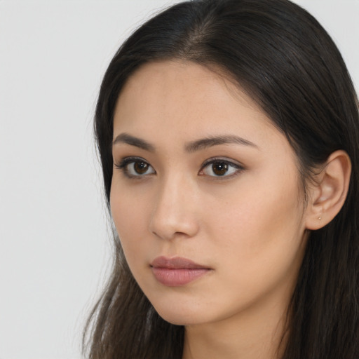 Neutral asian young-adult female with long  brown hair and brown eyes