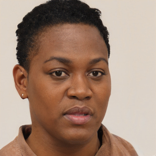 Neutral black young-adult female with short  brown hair and brown eyes