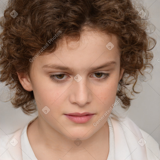 Joyful white child female with medium  brown hair and brown eyes