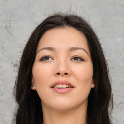 Joyful asian young-adult female with long  brown hair and brown eyes