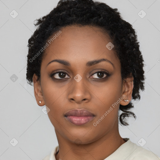 Neutral black young-adult female with short  black hair and brown eyes