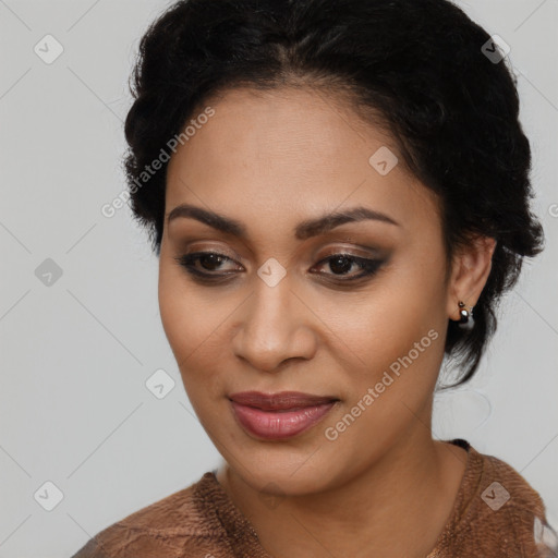 Joyful latino young-adult female with medium  black hair and brown eyes