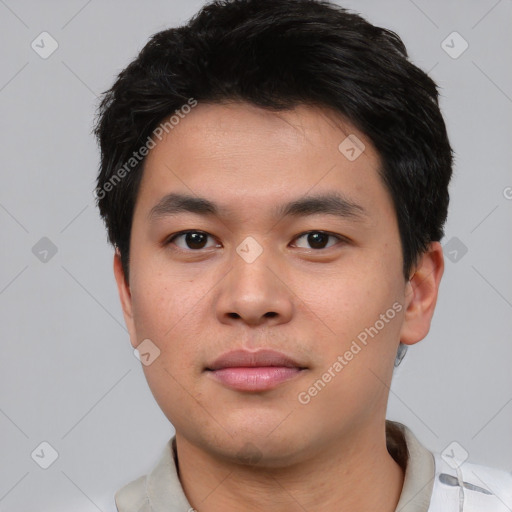 Neutral asian young-adult male with short  black hair and brown eyes