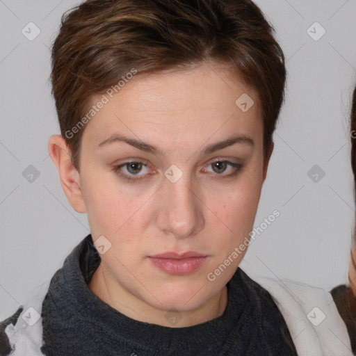 Neutral white young-adult female with short  brown hair and brown eyes