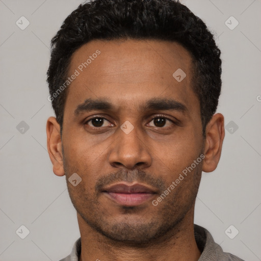 Neutral latino young-adult male with short  black hair and brown eyes