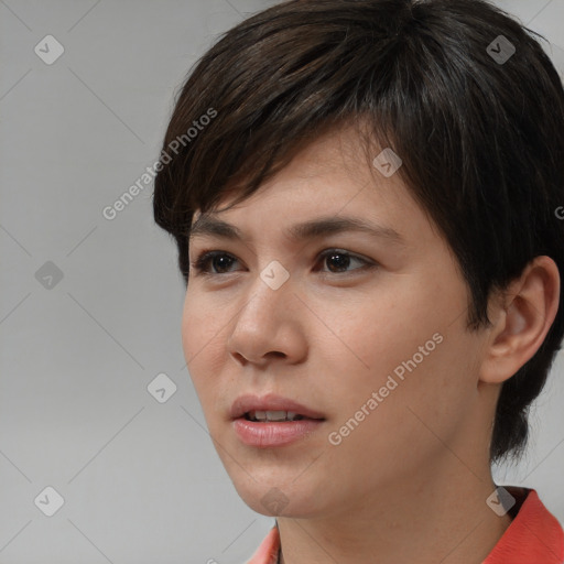 Neutral white young-adult female with medium  brown hair and brown eyes