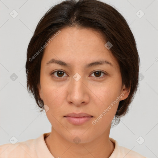 Neutral white young-adult female with medium  brown hair and brown eyes