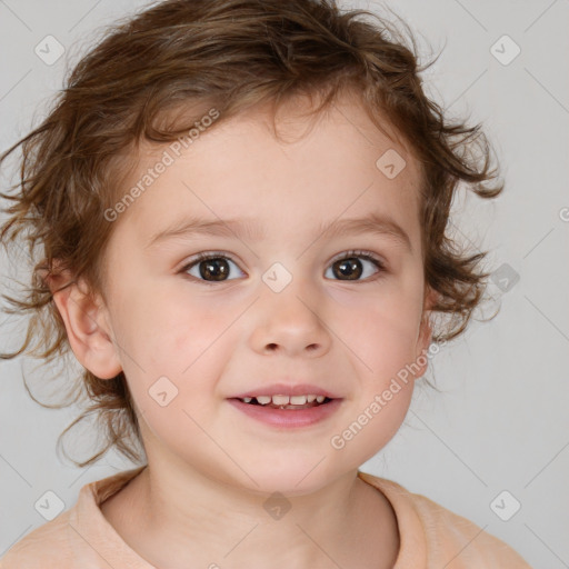 Joyful white child female with medium  brown hair and brown eyes