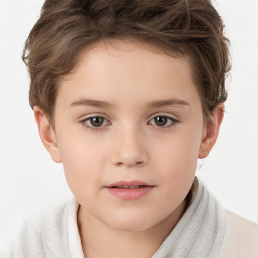 Joyful white child female with short  brown hair and brown eyes