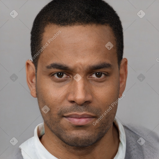 Neutral latino young-adult male with short  brown hair and brown eyes