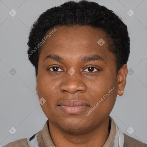 Joyful black young-adult male with short  brown hair and brown eyes