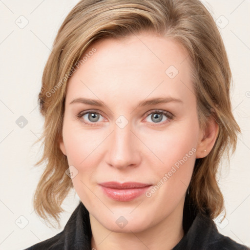 Joyful white young-adult female with medium  brown hair and blue eyes