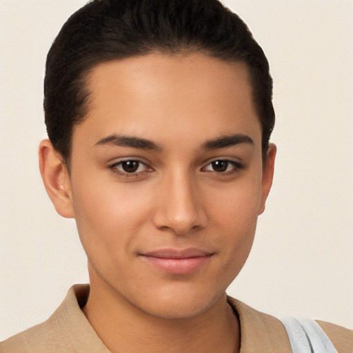 Joyful latino young-adult female with short  brown hair and brown eyes