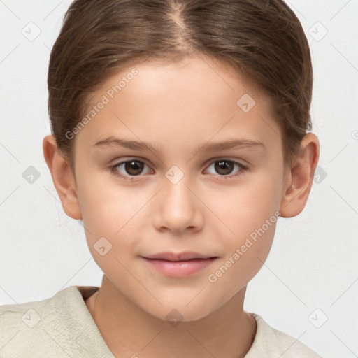 Joyful white child female with short  brown hair and brown eyes