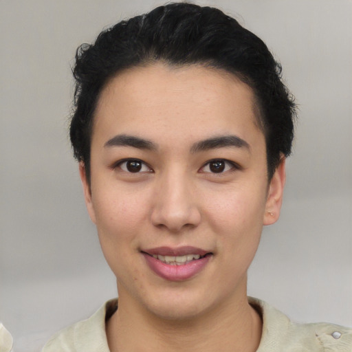 Joyful white young-adult female with short  black hair and brown eyes