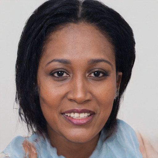 Joyful black young-adult female with medium  brown hair and brown eyes