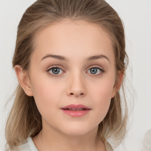 Neutral white child female with medium  brown hair and grey eyes