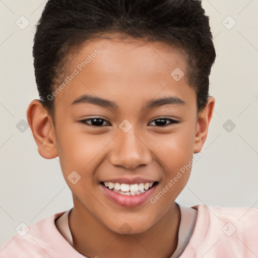 Joyful white child female with short  brown hair and brown eyes