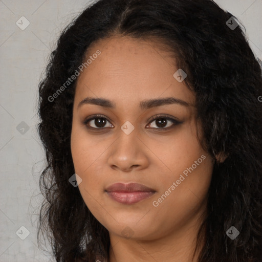 Joyful latino young-adult female with long  black hair and brown eyes