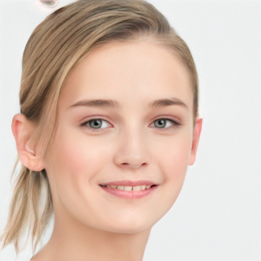 Joyful white young-adult female with long  brown hair and blue eyes