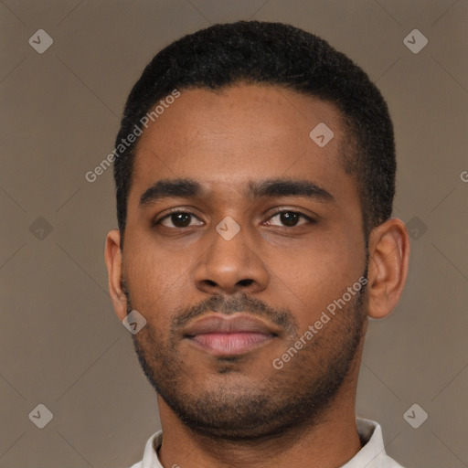 Neutral latino young-adult male with short  black hair and brown eyes