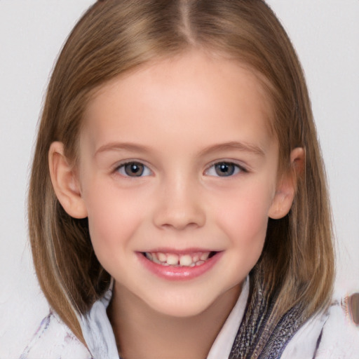 Joyful white child female with medium  brown hair and brown eyes