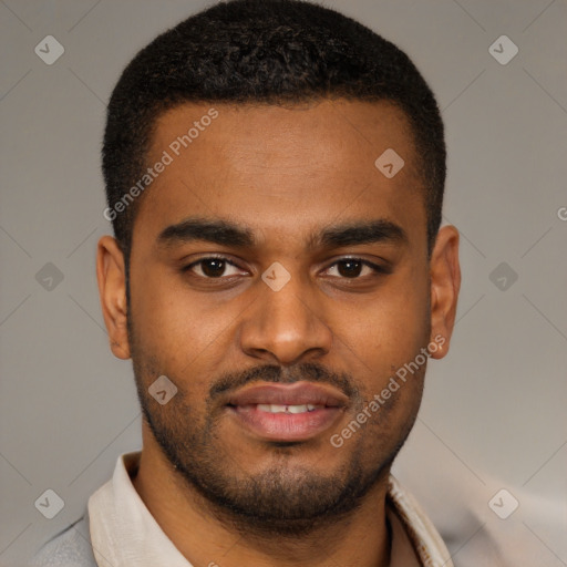 Joyful latino young-adult male with short  brown hair and brown eyes