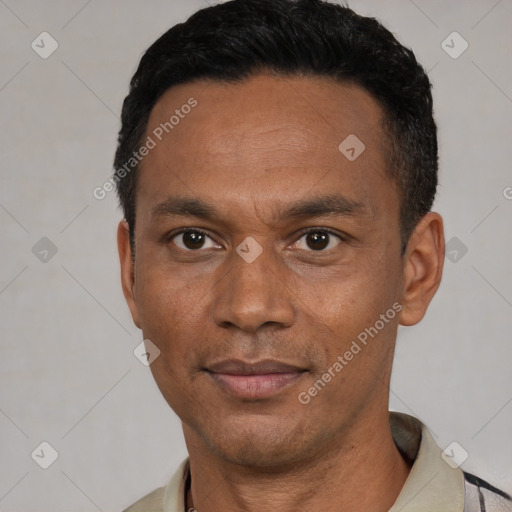 Neutral latino adult male with short  black hair and brown eyes