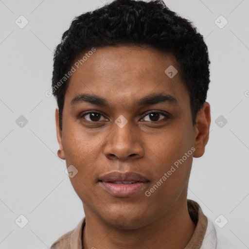 Neutral black young-adult male with short  black hair and brown eyes