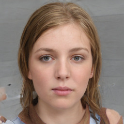 Neutral white young-adult female with medium  brown hair and grey eyes