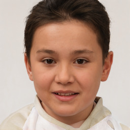 Joyful white child female with short  brown hair and brown eyes