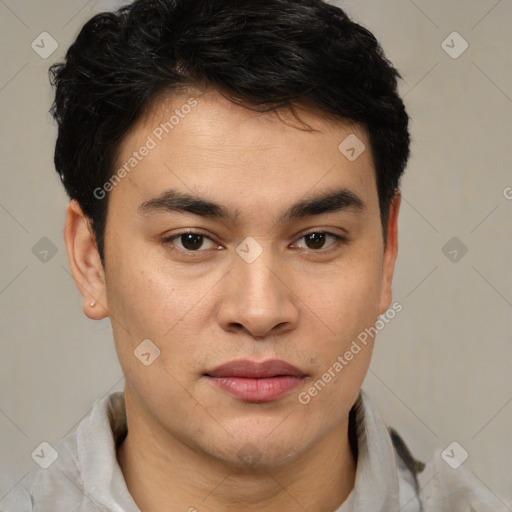 Joyful latino young-adult male with short  brown hair and brown eyes