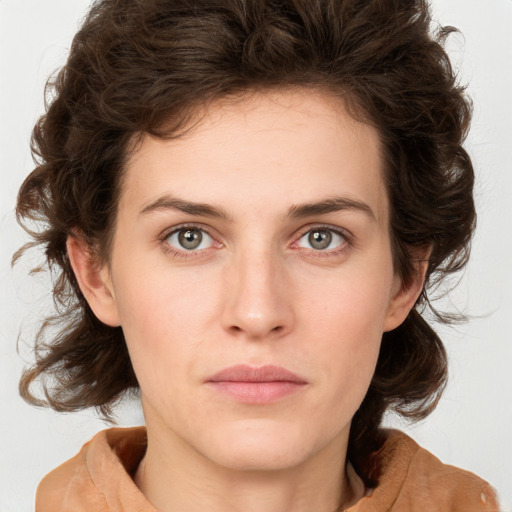 Neutral white young-adult female with medium  brown hair and green eyes