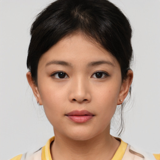 Neutral asian young-adult female with medium  brown hair and brown eyes