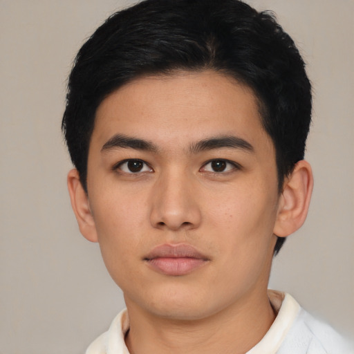 Neutral asian young-adult male with short  black hair and brown eyes