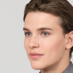 Neutral white young-adult female with short  brown hair and brown eyes