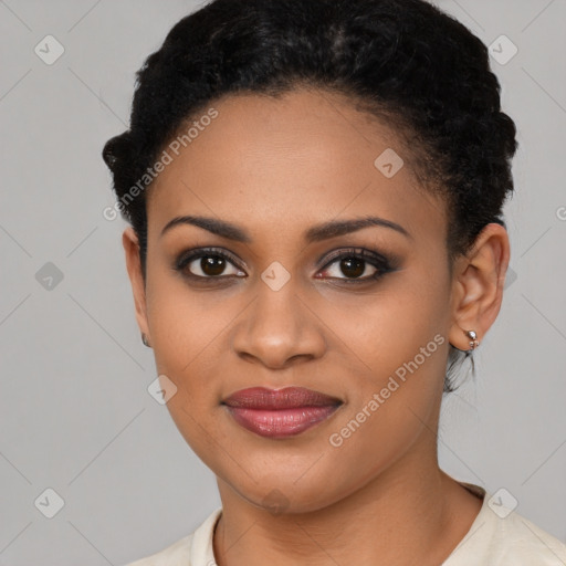 Joyful latino young-adult female with short  brown hair and brown eyes