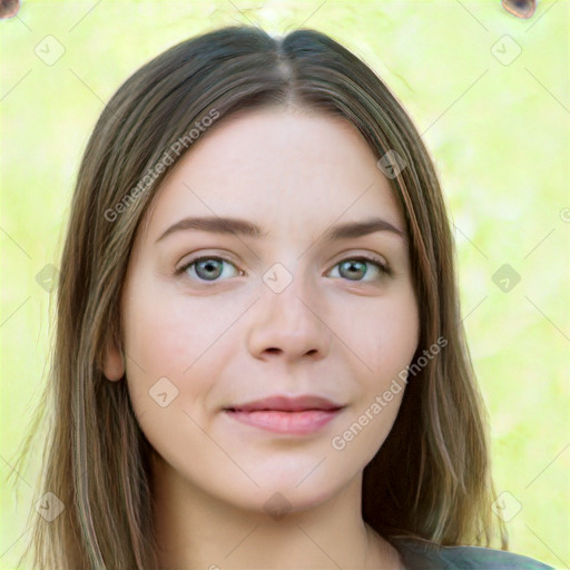 Neutral white young-adult female with medium  brown hair and green eyes