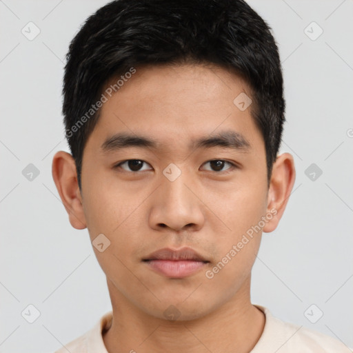 Neutral asian young-adult male with short  black hair and brown eyes