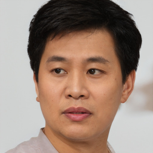 Neutral asian young-adult male with short  black hair and brown eyes