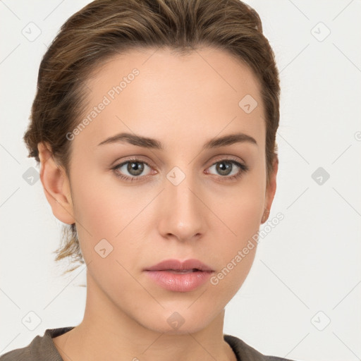 Neutral white young-adult female with medium  brown hair and brown eyes