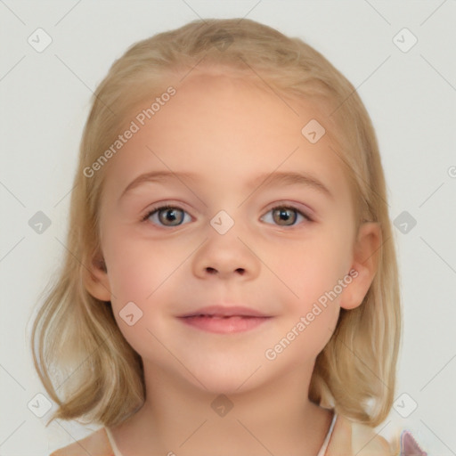 Neutral white child female with medium  brown hair and blue eyes